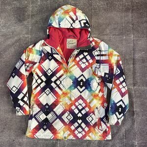 Women's Empyre Rainbow Diamond All Over Print White Lined Ski Coat Jacket Sz L